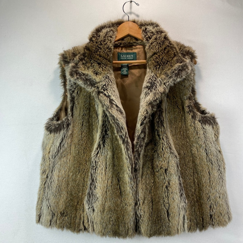 Lauren Ralph Lauren Faux Fur Vest Women 1X Brown Shawl Collar Sleeveless Luxe